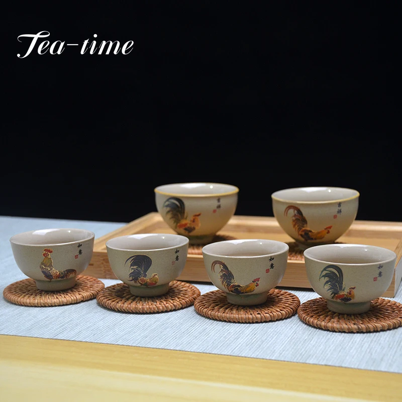 Antique Pottery Ceramic Teacup Hand Painted Cock Tea Cup Travel Portable Tea Bowl Pu'er Master Cup Chinese set Accessories