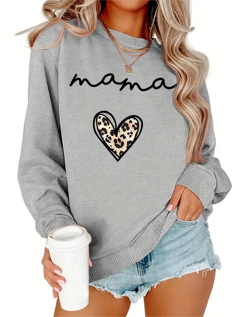 Women's Leopard Heart Print Sweatshirt, Casual Pullover, Long Sleeve, Crew Neck, Women's Clothing, Fall, Winter