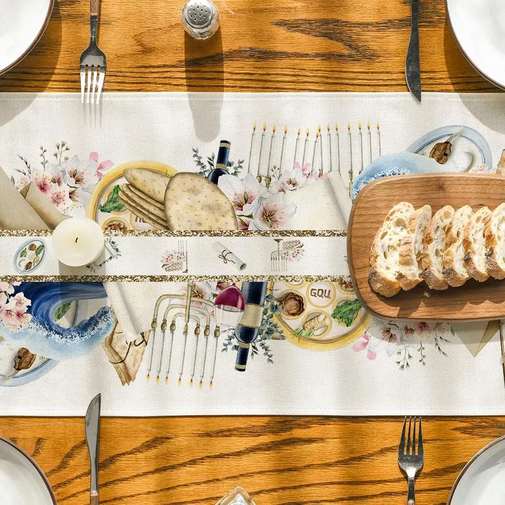 Passover Unleavened Bread Wine Linen Table Runner Jewish Holiday Decor Candelabra Kitchen Dining Table Runner Home Table Decor 3