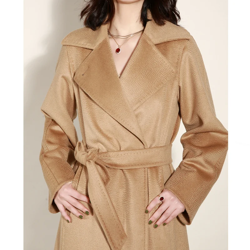 High-end Women's Coat Long Winter Camel Hair Fashionable Autumn Black Female Lapel Classic Water Ripple Caramel | Женская одежда