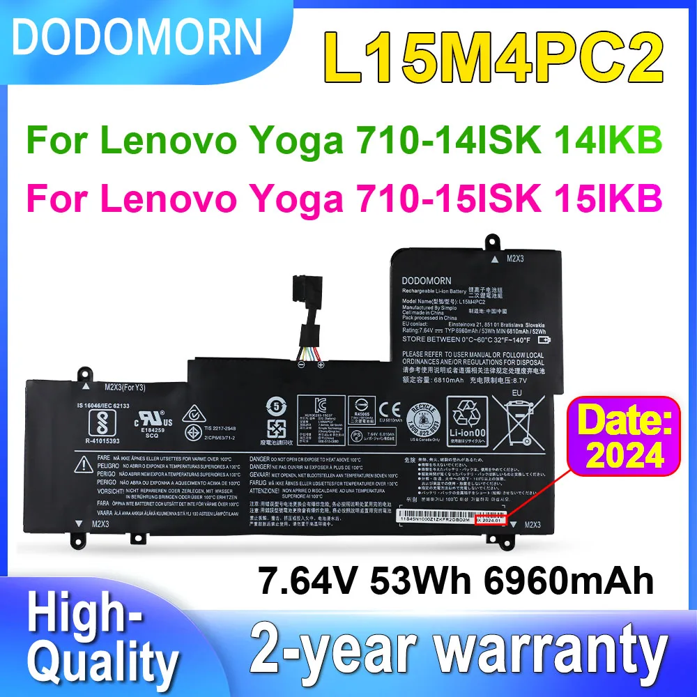 

DODOMORN L15M4PC2 Battery For Lenovo Yoga 710-14ISK 710-14IKB 710-15ISK 710-15IKB L15L4PC2 5B10K90778 5B10K90802 53Wh 7.64V