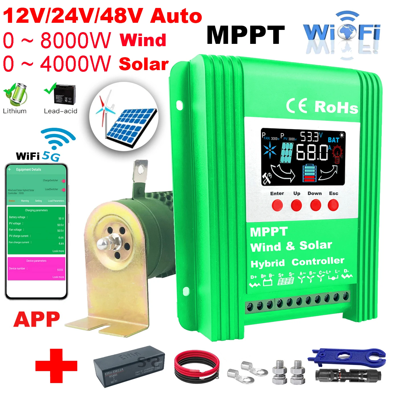 

2000W 3000W 5000W 6KW MPPT Hybrid Wind Solar Charge Controller Wind Turbine Charging WIFI 12V 24V 48V Lifepo4 Lithium Battery