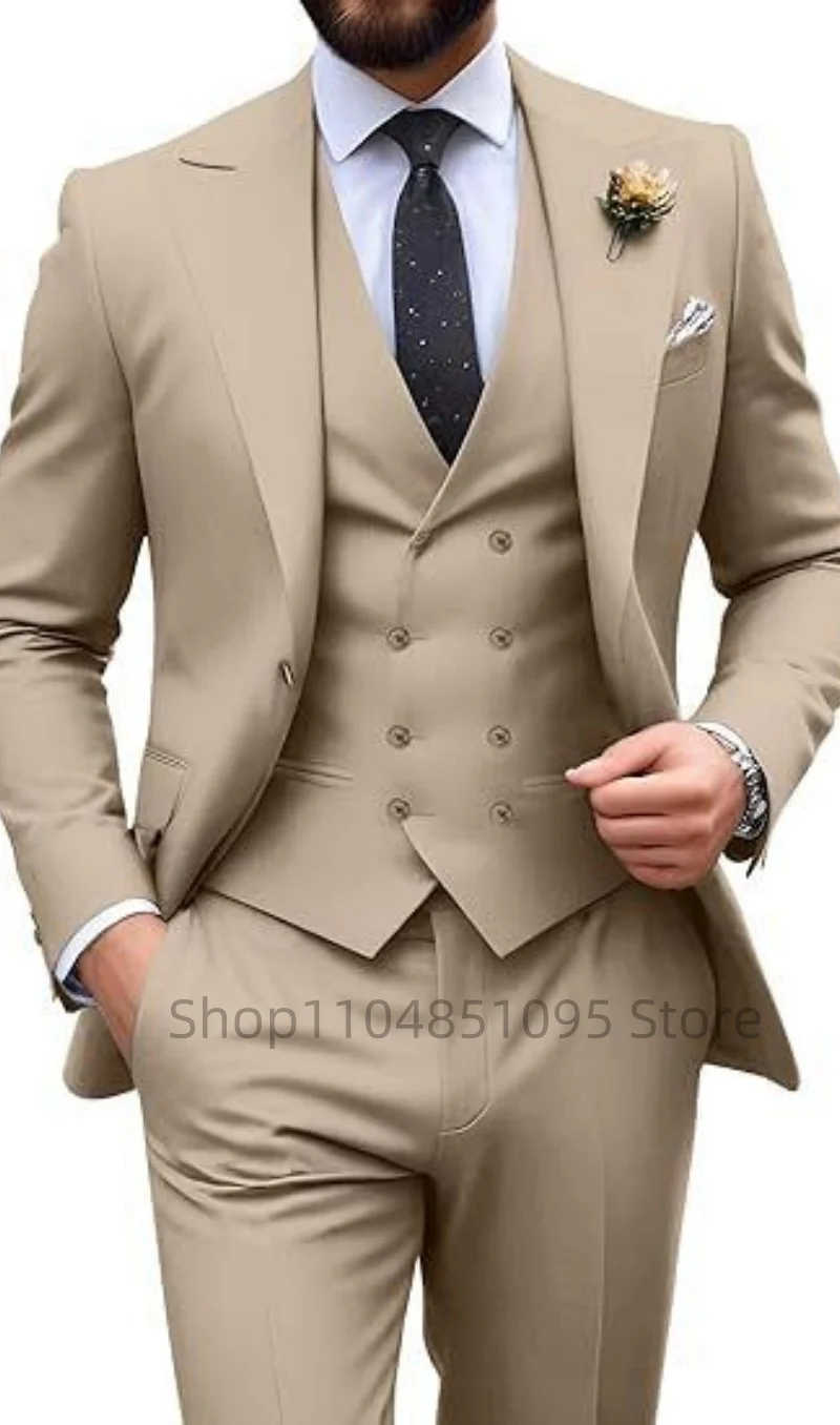 Men's Solid Color Slim Fit Formal Business Suit Wedding 3-Piece Set with Peak Lapel Blazer Vest And Trousers for Party Prom
