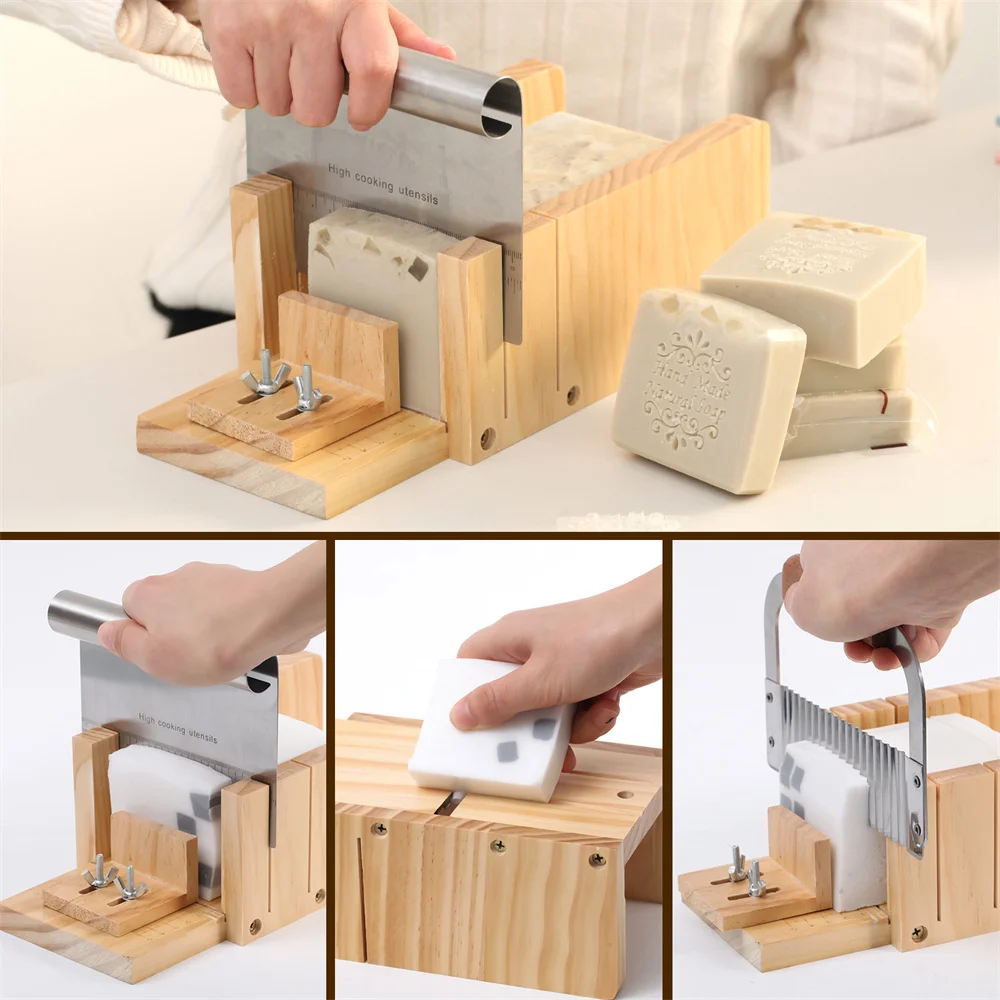 Handmade Soap Making Kit Silicone Loaf Soap Mold Adjustable Wood Cutting Box with Stainless Steel Wavy & Straight Cutter