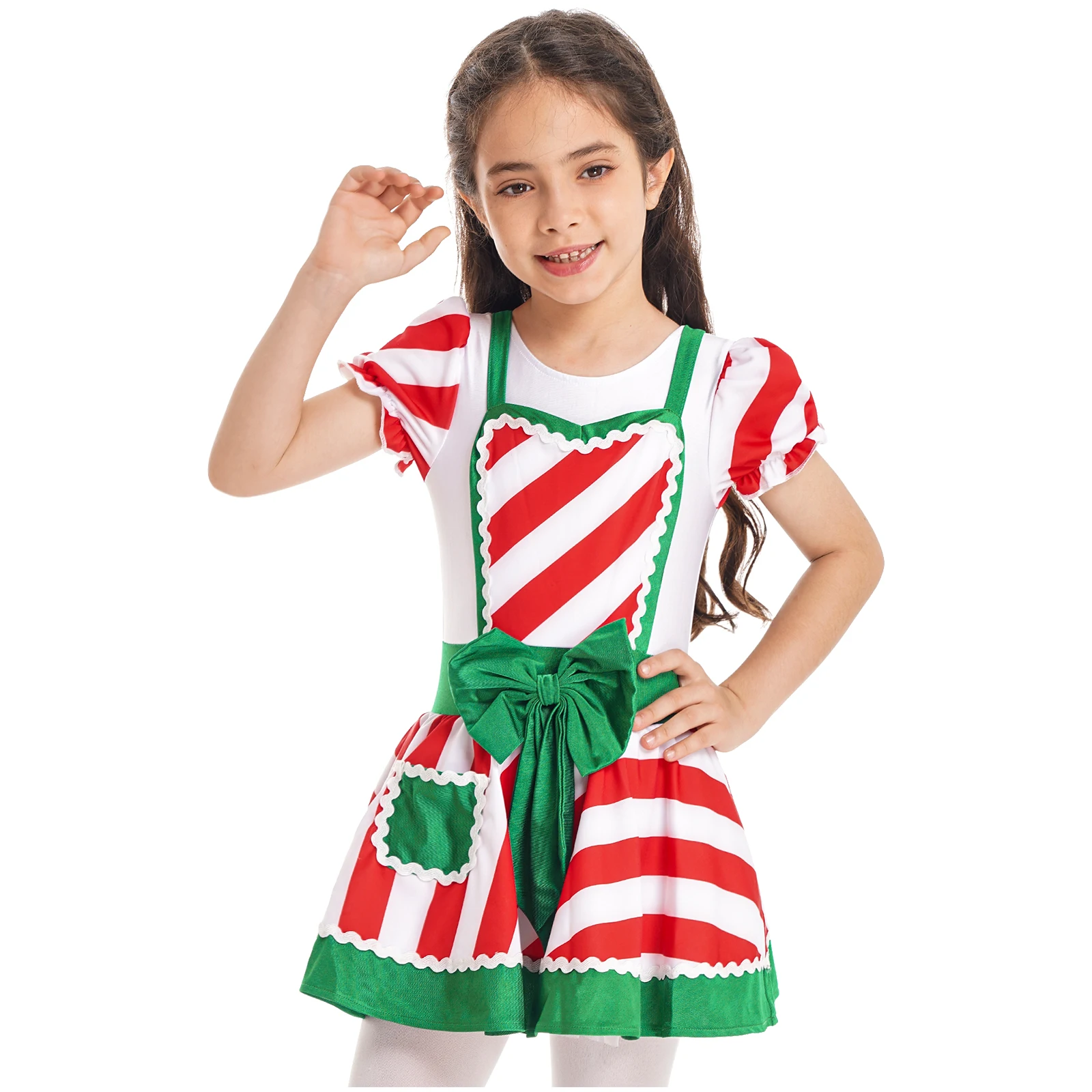 

Kids Girls Christmas Clothing Ruffle Cuffs Short Sleeve Striped Patchwork Tutu Mesh Dress for New Year's Xmas Party Dresses