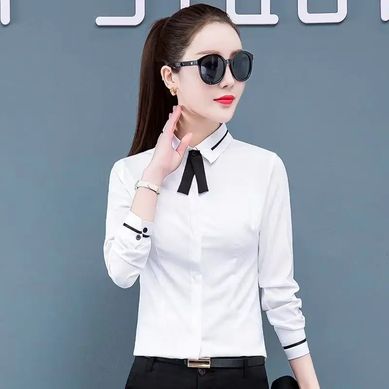 2024 Women Spring Long Sleeved Slim Lapel Collar Appear Thin Casual Large Size With a Bow Tie Korean Solid Color Underlay Tops