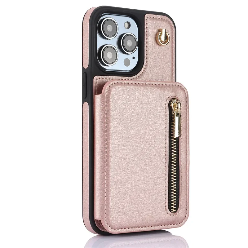 Lanyard Leather Zip Wallet Card Phone Case with Hand Rope Flip Cover