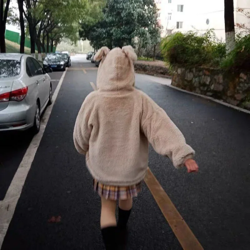 Winter Jacket Women's Zipper Oversized Soft Harajuku Kawaii Hooded Rabbit Ears Plush Faux Cashmere Coat Plus Velvet Padded 2024