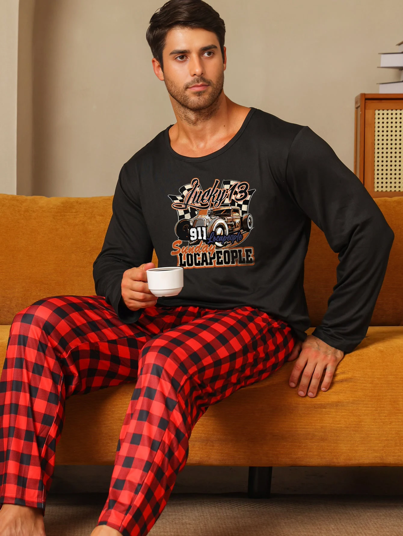 Two piece sets men's pajamas autumn and winter long sleeved pants car letters sleepwear set 2 S83ebab3547b24e4c9a14f4d719b52b0aQ