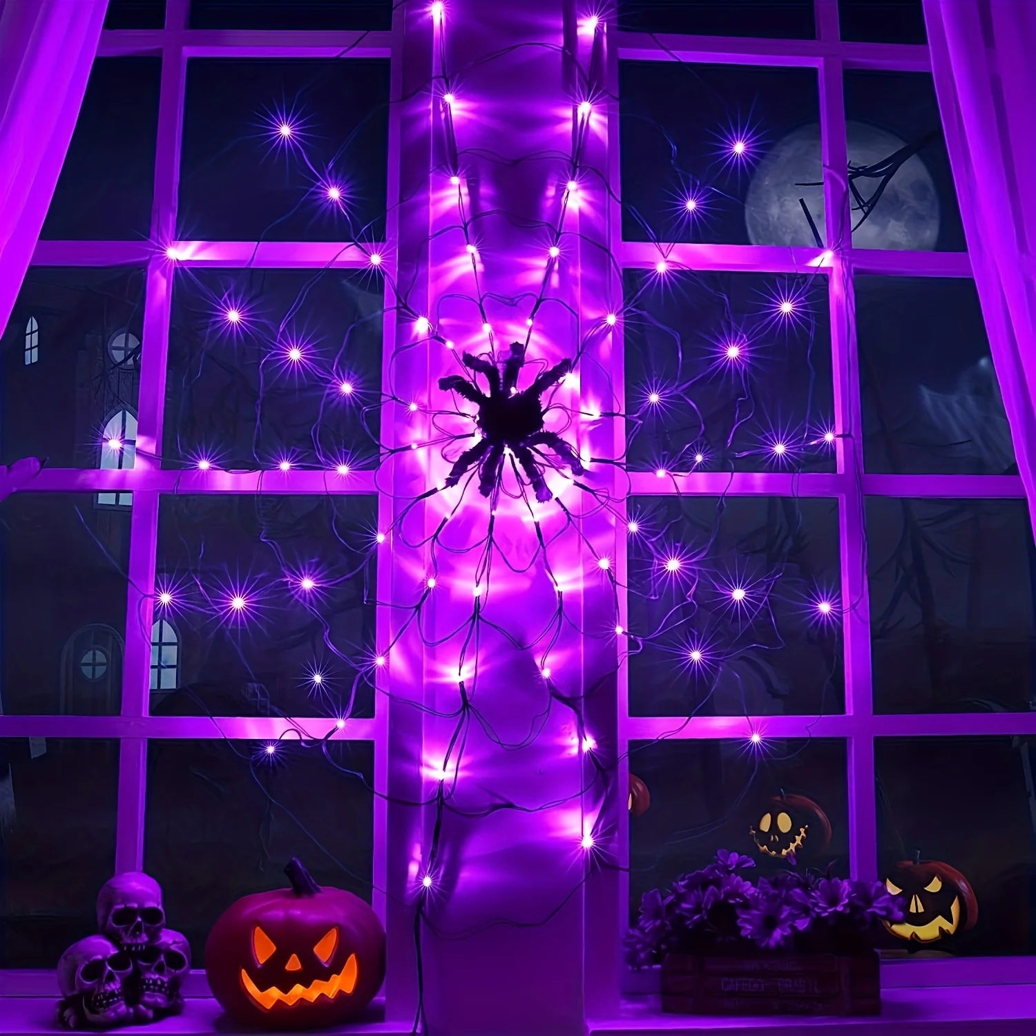Halloween Spider Web Light w/ Giant Spider 8 Modes Remote Control USB Powered for Spooky Indoor Outdoor Decor