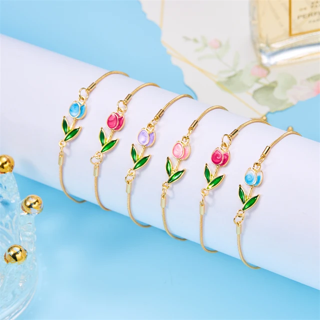 New Fashion Elegant Tulip Rose Bracelet For Women Vintage Colorful Flower Gold Color Metal Chain Bracelets Aesthetic Jewelry