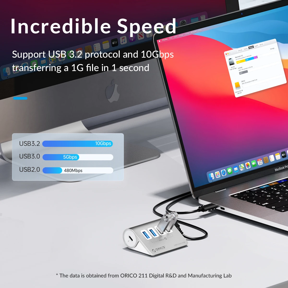 ORICO Aluminum 10Gbps USB 3.2 HUB SuperSpeed Powered PD60W Charger Type C Splitter With Power Adapter for MacBook PC Accessories 2