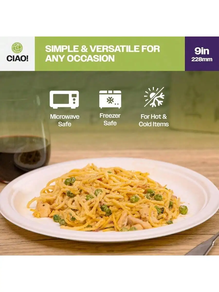 CIAO! 9" Heavy Duty Plate Compostable PFAS Free Unbleached Bagasse Natural White Pack of 500