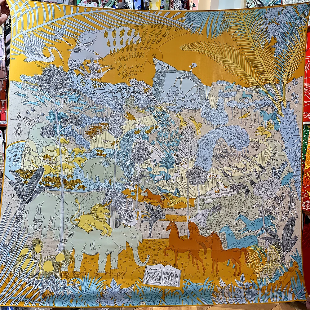 

135CM Silk Cashmere Scarf Women Hand Rolled Jungle Animals Print Square Scarves Wraps Bandana Big Hijabs Female Foulard Kerchief