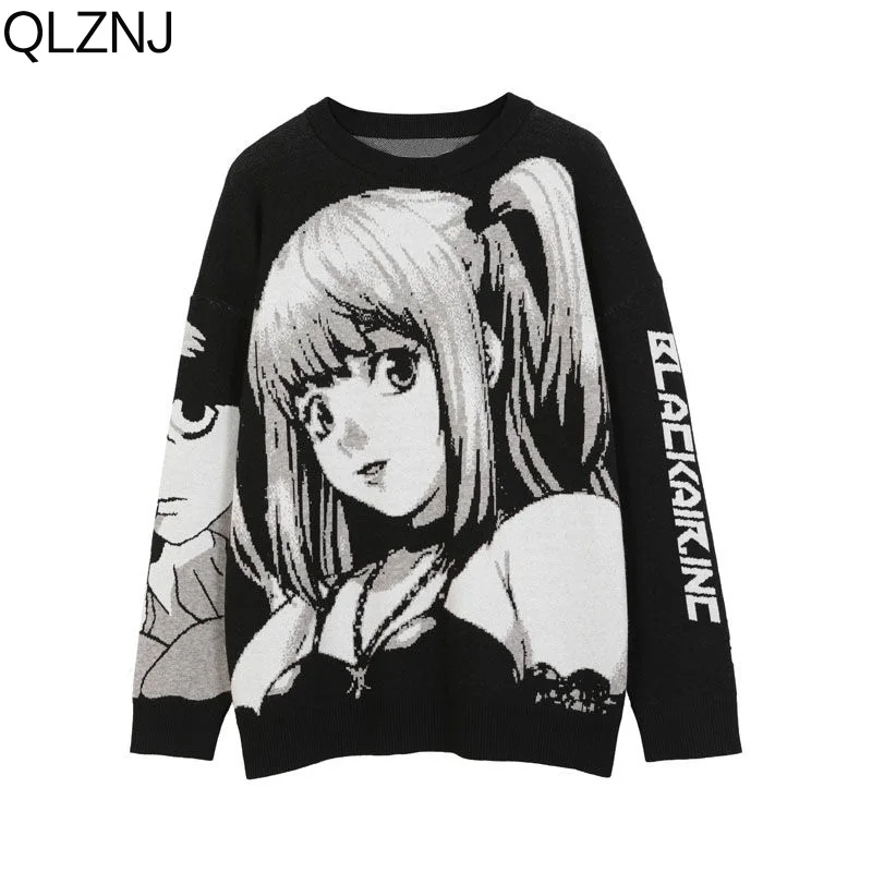 Anime Girl Sweater Men Y2k Clothes Streetwear Pullover Harajuku Vintage Jumpers Hip Hop Casual Loose Black Knitted Sweaters Top