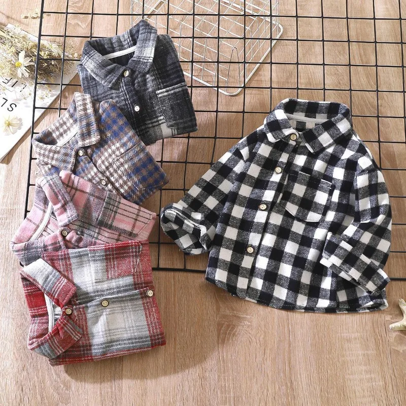 Boys Shirt Long-Sleeved Section Plaid Shirt Children Retro Colour Blocking Cardigan New Lapel Blouse Jacket Girls Shirt