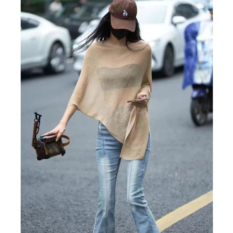 New Fashion Summer and Autumn Women's Solid Color Pullover Cape Elegant Retro Knitted Sweater Pullover Shirt