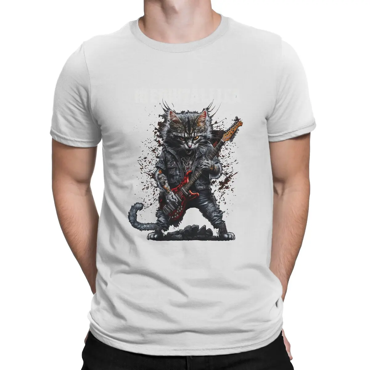 thumbnail image 1 of Camiseta Meowtallica para hombre, diseño de gato mental pesado, de algodón, creativa, cuello redondo, manga corta, 1 of 7