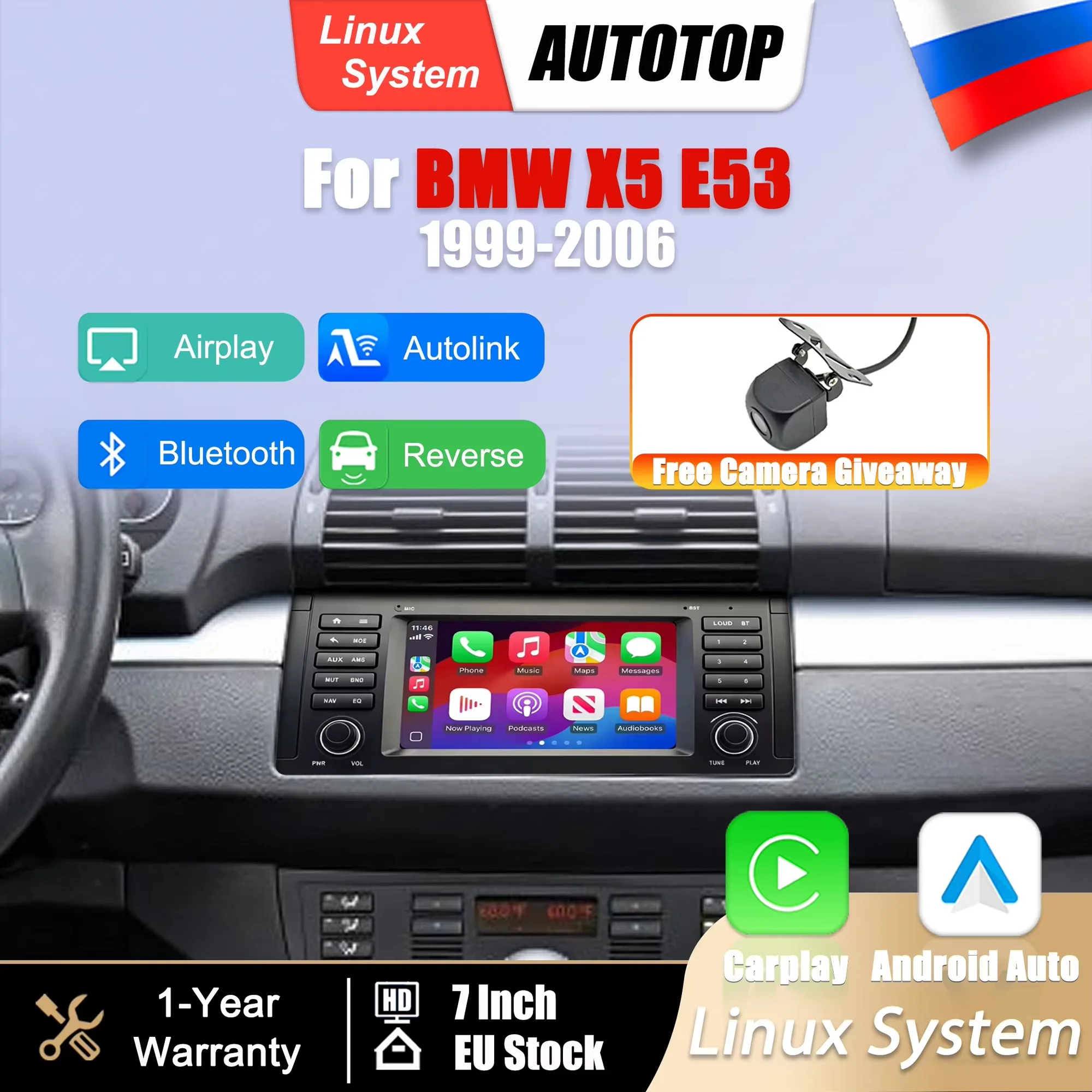 Radio para coche Linux de 7 pulgadas con GPS, multimedia, CarPlay inalámbrico, Android Auto para BMW X5 E53 1999-2006, BT, DSP, RDS, cámara trasera, SWC. 1