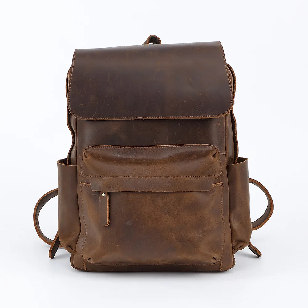 Vintage Crazy Horse Leather Backpack for Men, Large Capacity Laptop Bag