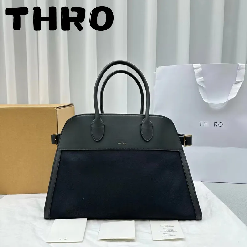 TH RO Women's Black Spliced Canvas Material Women's Minimalist Top Quality Large Capacity Handbag