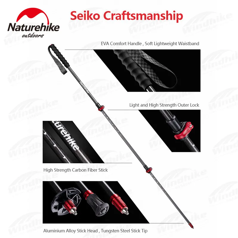 Naturehike Ultralight 135g Carbon Fiber Walking Stick 3 Section Portable Trekking Poles Outer Lock Hiking Climbing Trekking Pole