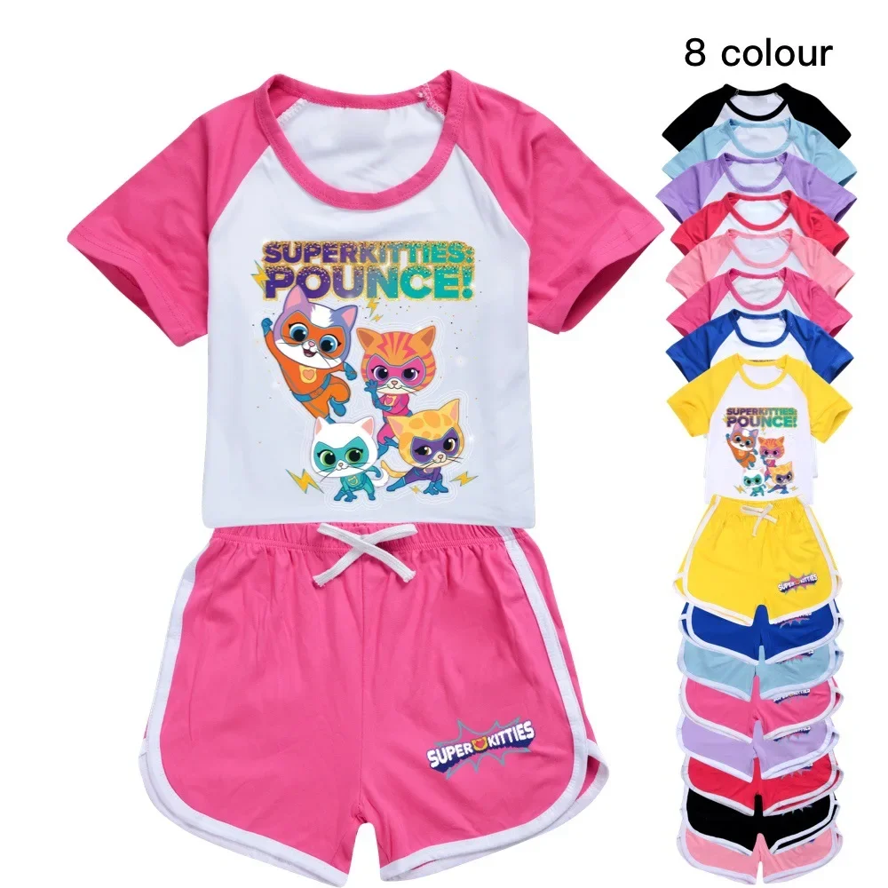 

Anime Super Cat Costume Kids Superkitties Clothes Toddler Boys Summer Outfits Baby Grils Short Sleeve Tshirt + Shorts 2pcs Suits