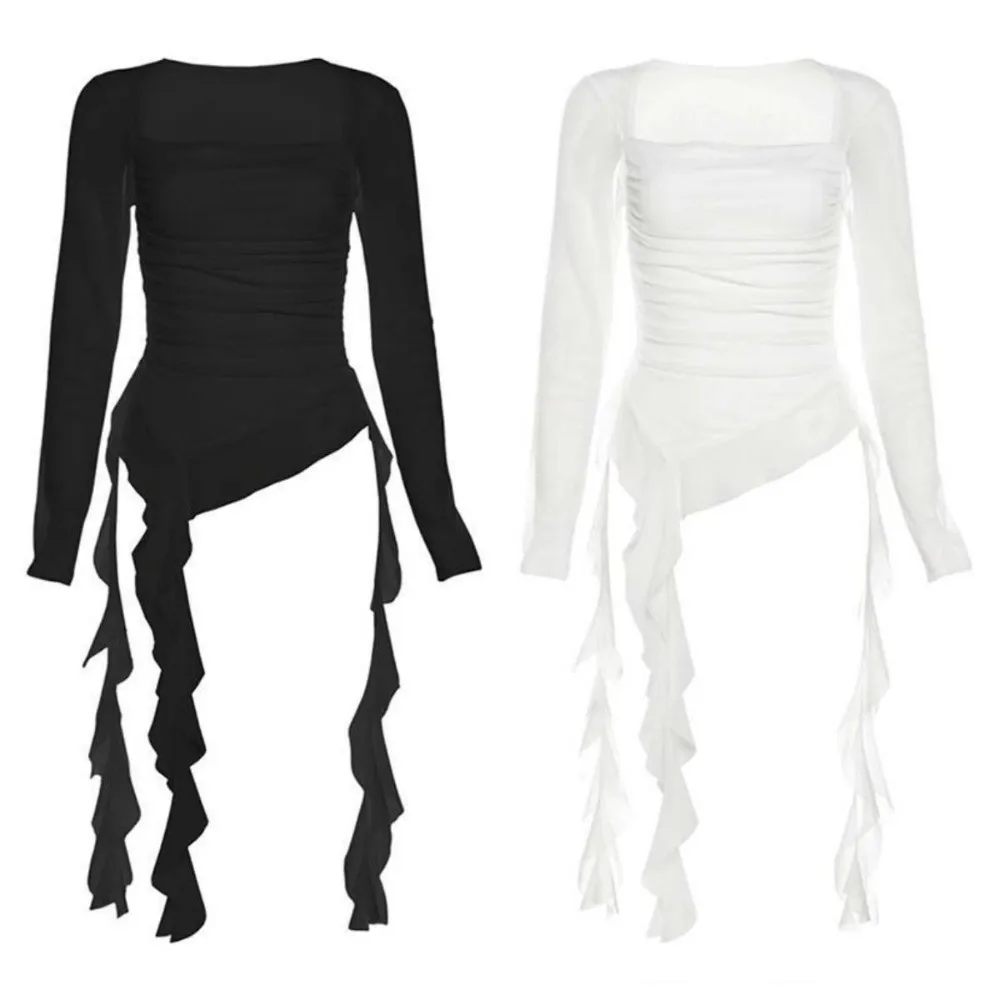 Streetwear Jellyfish Mesh Belt T-Shirt Elf Long Sleeve Korean Y2K Ins Slim Fit Crop Tops Pleated Collar Transparent