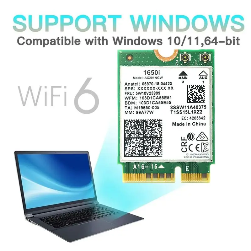 1650I AX201NGW Wifi 카드 + 2Xantenna 3000Mbps WIFI6 2.4G/5G 듀얼 밴드 Cnvio2 블루투스 5.1 Wifi 어댑터 (Win10/Win11용)