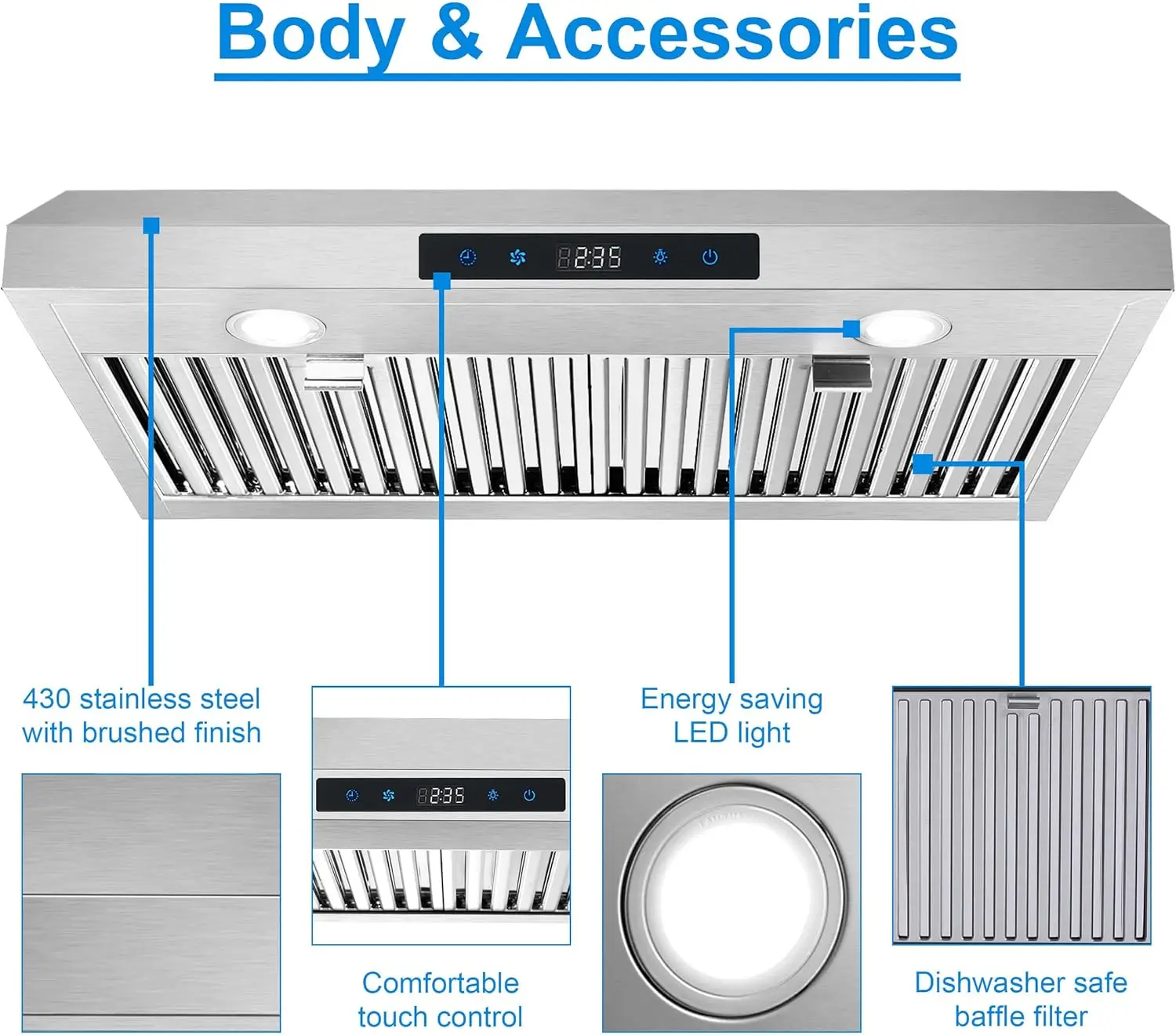 Range Hood 30 Inch Under Cabinet,Ductless Range Hoods with Touch Control,3-Venting Kitchen hood,Stainless Steel Vent Hood,Under