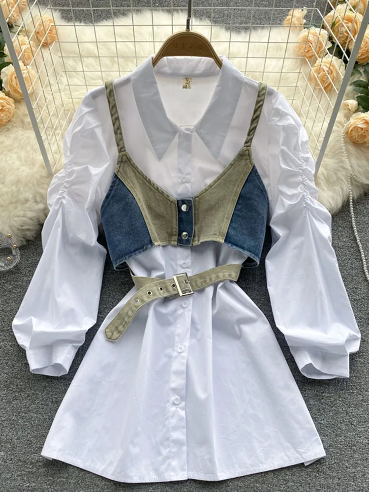 

Women Korean version of the Western style short denim sling vest outer wear ruffled puff sleeve shirt two-piece set female D0685