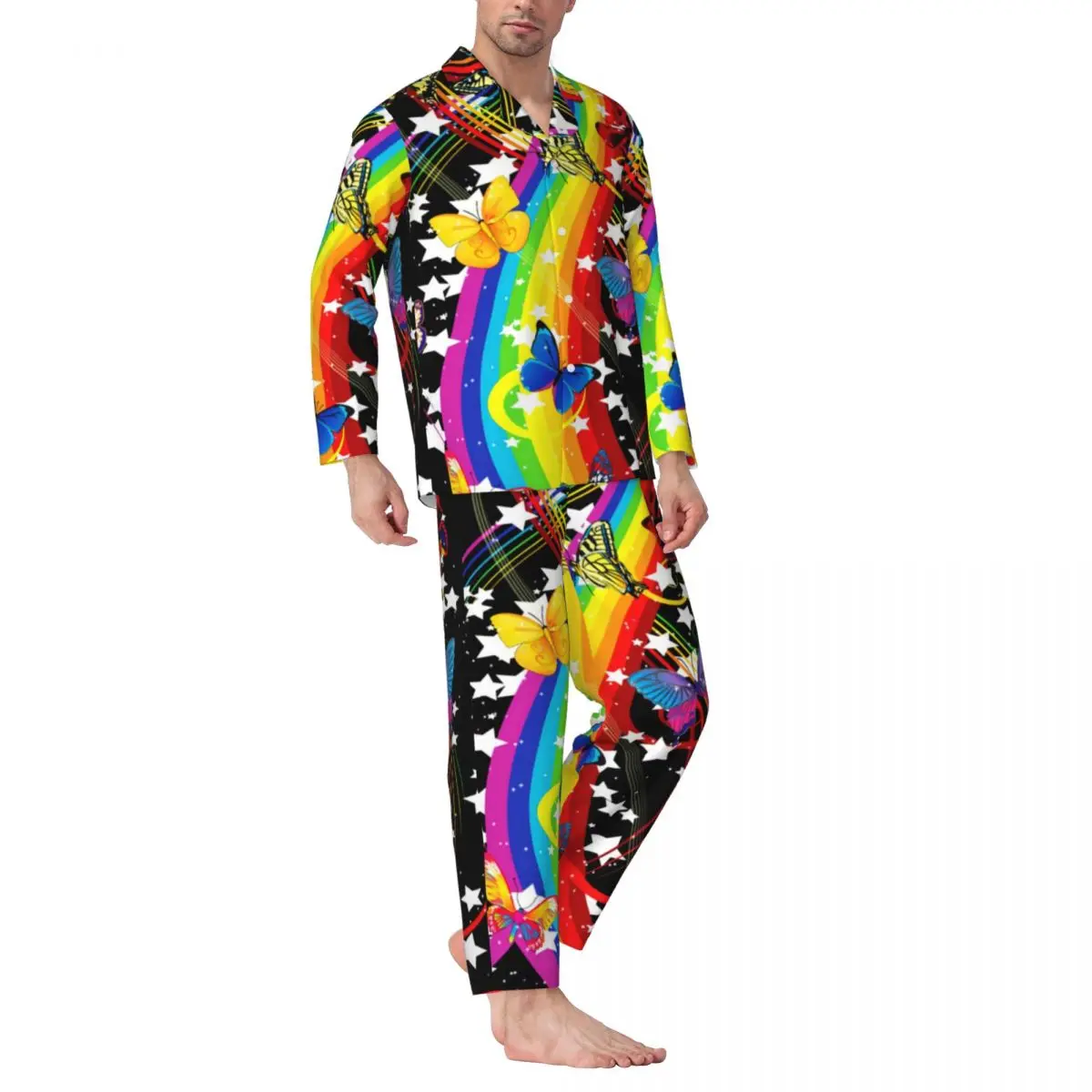 

Rainbow Butterflies Pajamas Male Abstract Digital Arts Leisure Sleepwear Autumn 2 Pieces Casual Oversized Graphic Pajama Sets
