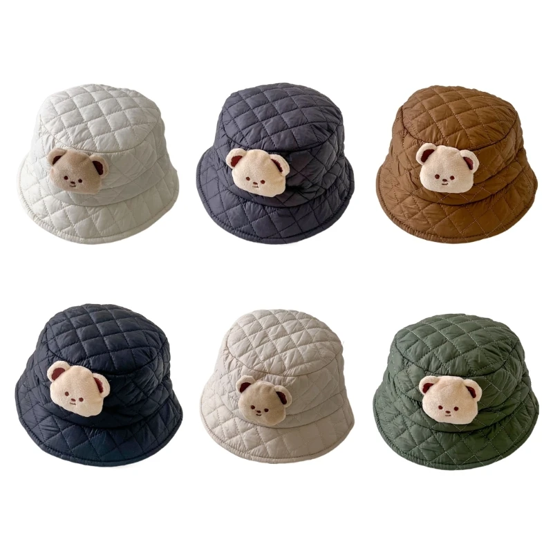 

Cartoon Bear Fisherman Hat Kids Soft Warm Beanie Caps Foldable Bucket Hat Solid Color Basin Caps for Boys and Girls