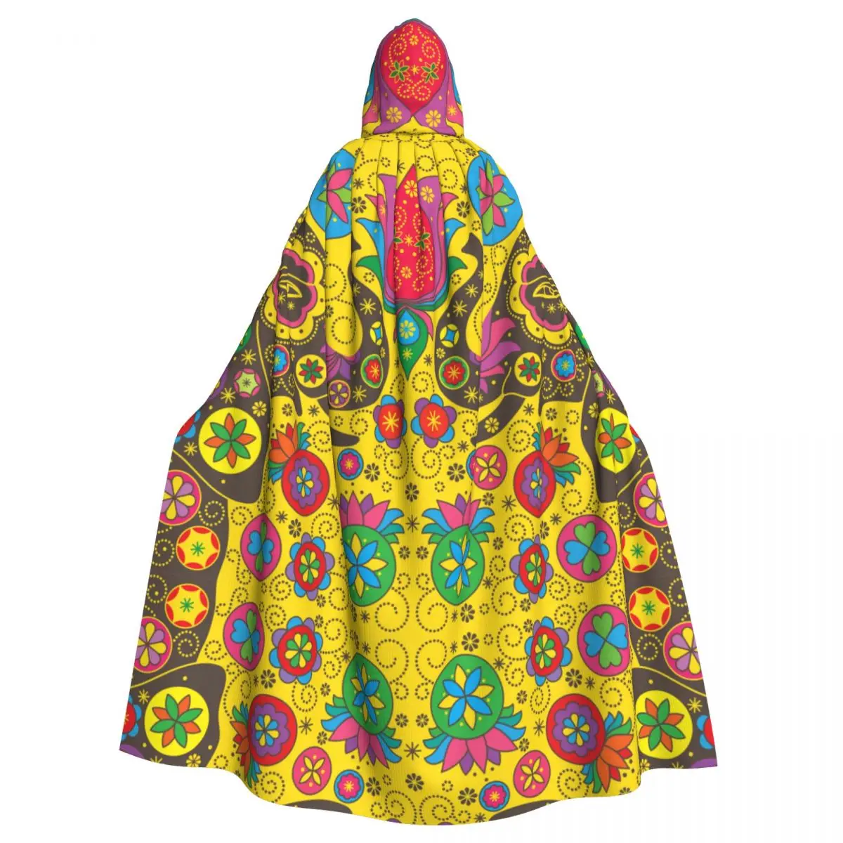 

Adult Vampire Cape Hooded Robe Symmetrical Mirrored Yellow Elephants Halloween Cloak Full Length Cosplay