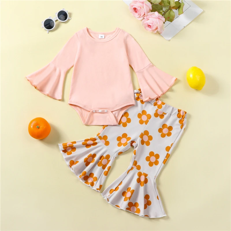 

Newborn Baby Girls Autumn Solid Color Long Sleeve Romper + Floral Flared Pants Sets Infant Clothing Suit 2Pcs Outfit