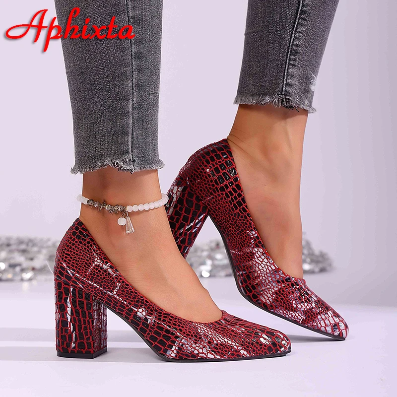 Aphixta 2026 New Women Square Heel Pumps Fashion Personality Pointed Toe Wine Red Snake Pattern Official Shoes