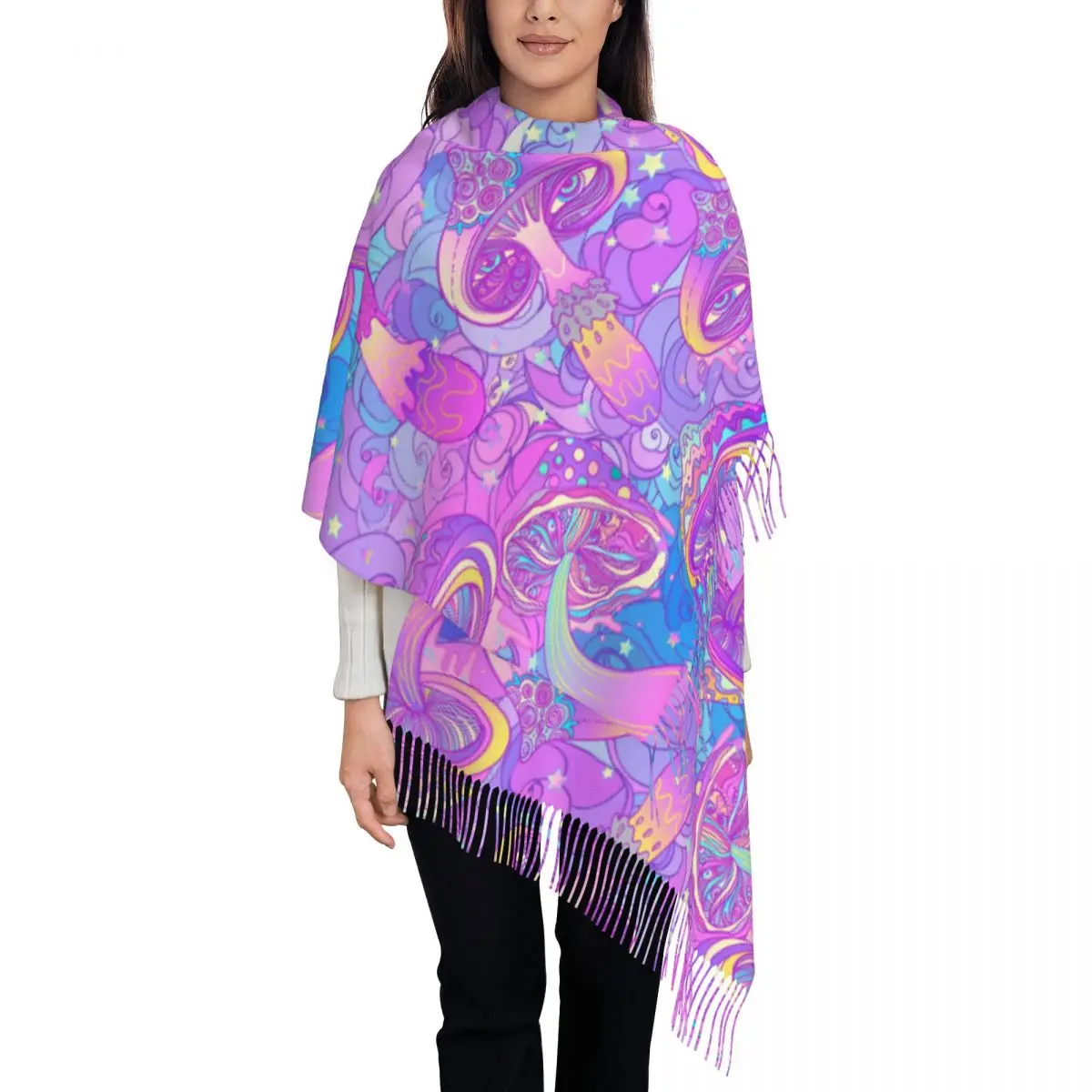 

Mushrooms Scarf for Women Winter Warm Pashmina Shawl Wrap Psychedelic Magic Hippie Long Scarves with Tassel Daily Wear