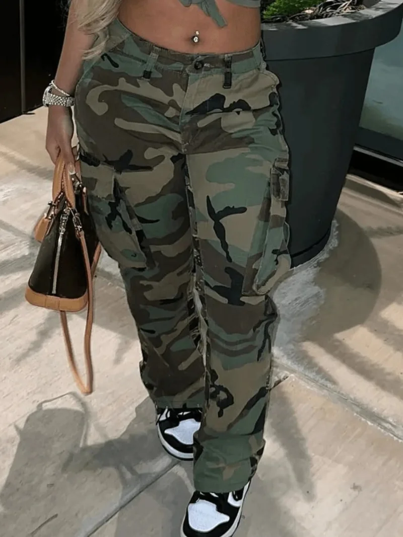 Women Plus Size Camo Print Side Pocket Cargo Pants Camouflage Mid Waist Casual Camo Pants