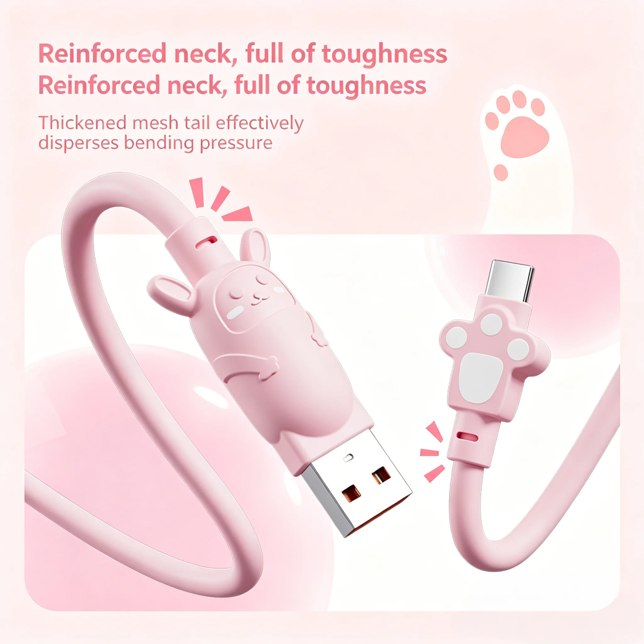 Cute Rabbit 65W Fast Charging USB-C Cable - Pink Skin-Friendly Design