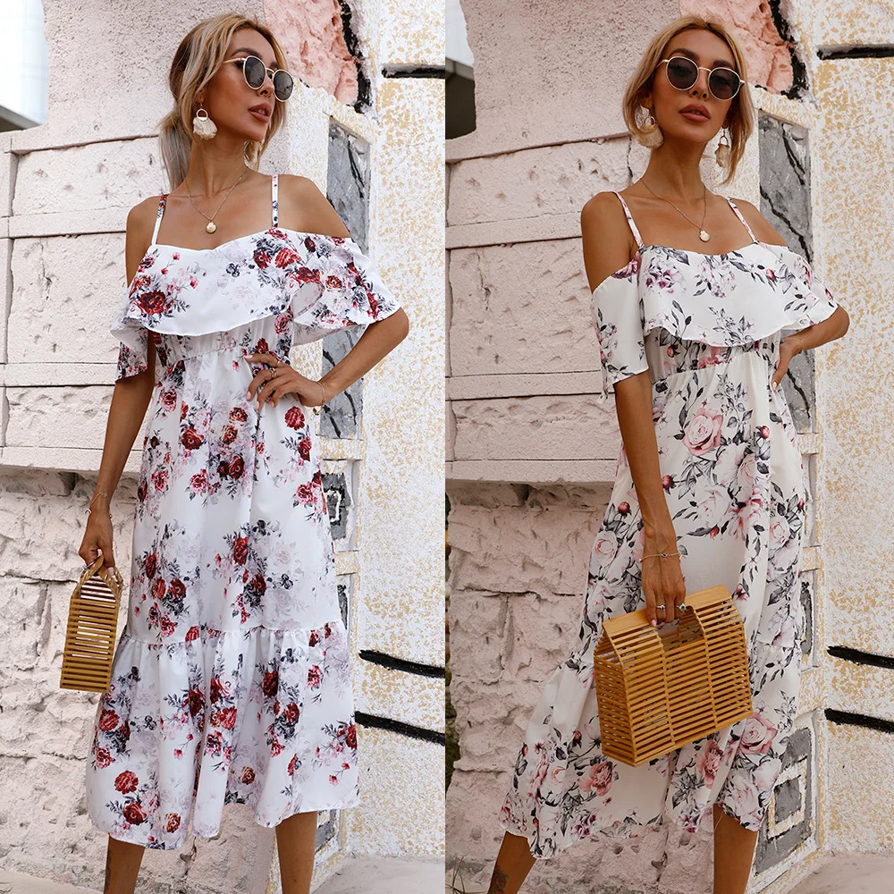 

New Summer Fashion Women Floral Sexy Dress Off Shoulder Sunflower Dress Female Casual Beach Sundress Evening Party Long Dresses