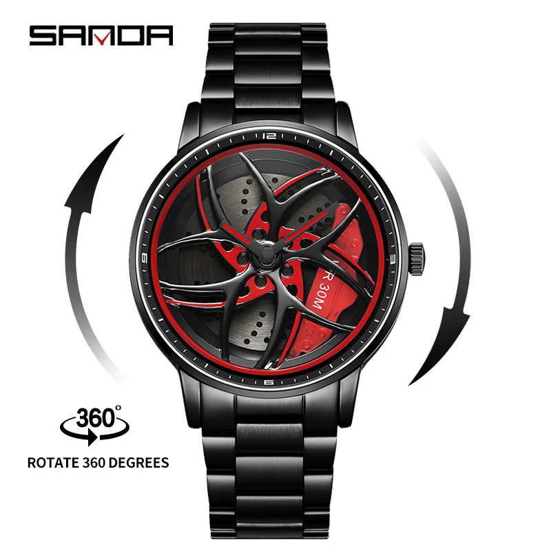 Sanda P1091 2023 Real 3D Model Spinning Car Wheel Hub Watch Luxury Move Waterproof Super Rim Orologi Per Uomo Orologio Da Uomo