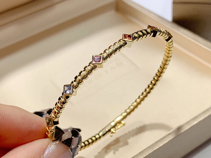 KUGG 18K Yellow Gold Bracelet Fashion Princess Cut Real Natural Aquamarine Spring Design Exquisite Party Jewelry for Women