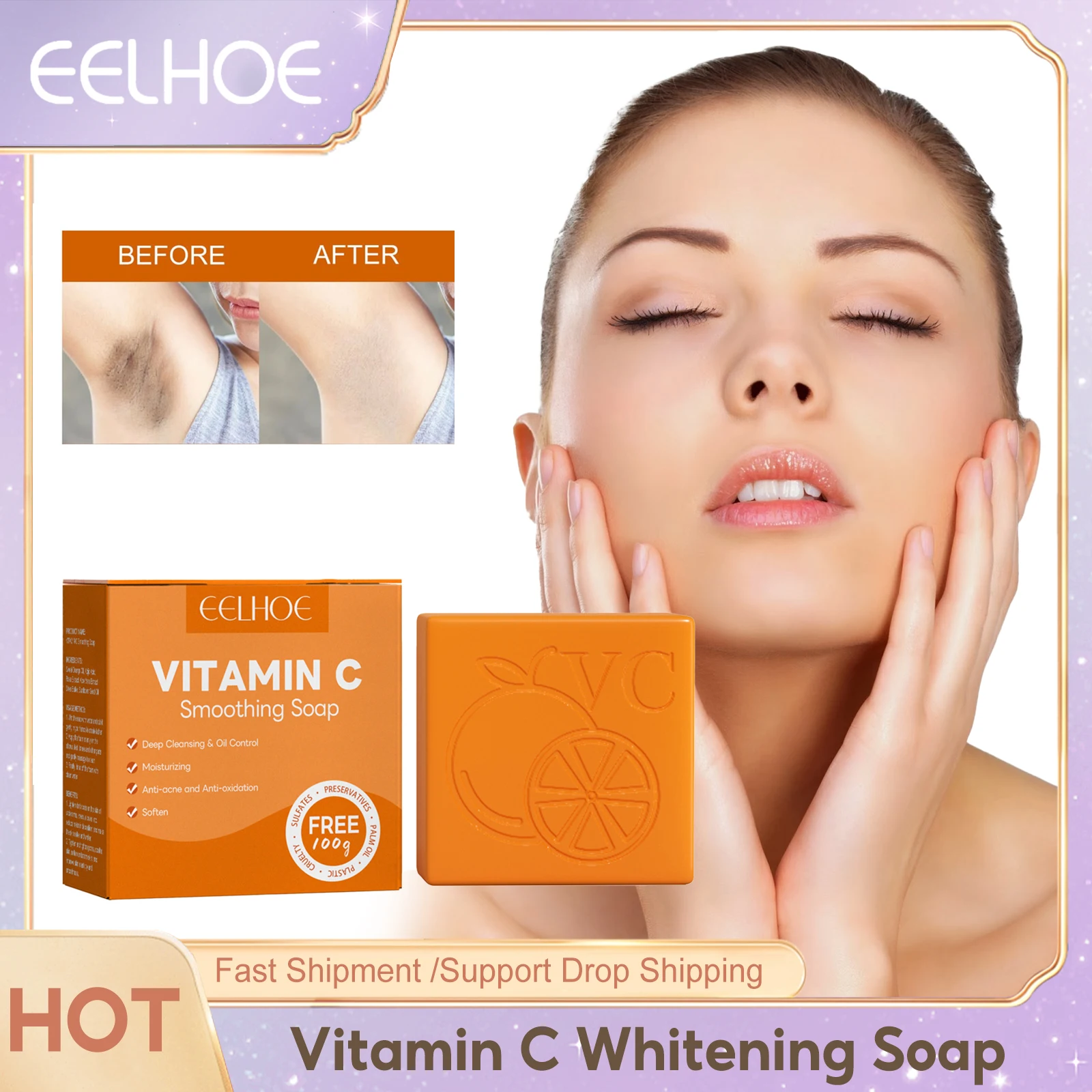 Vitamin C Whitening Soap Deep Cleansing Dark Spot Remover Body Fade Melanin Moisturizing Brighten Lightening Bleaching Soap 100g