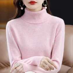 Luxurious Merino Wool Cashmere Turtleneck Sweater - Women's Knitted Long Sleeve Pullover - XXL (Light pink)