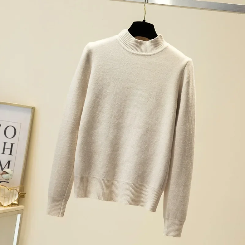 Winter Simple Velvet Thick Slim Fit Knitted Pullover Tops Women's Solid Color Warm Semi High Neck Long Sleeved Sweater New