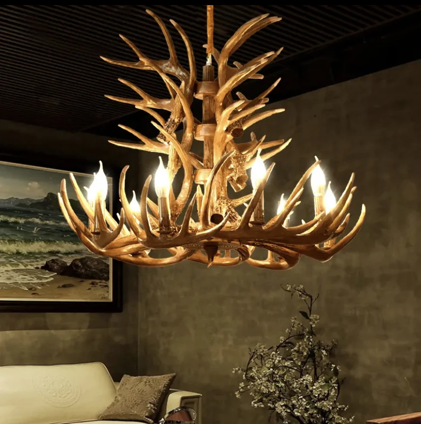 

Lampes suspendues vintage en bois de cerf de campagne américaine, lampe industrielle en résine de bois de cerf, décor de maison
