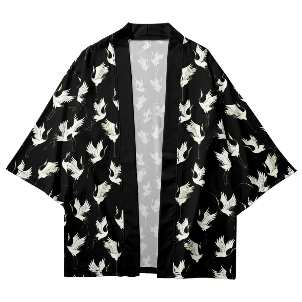 

Harajuku Japanese Black Crane Print Yukata Men Women Fashion Cardigan Loose Blouse Haori Obi Asian Clothes Cosplay Kimono