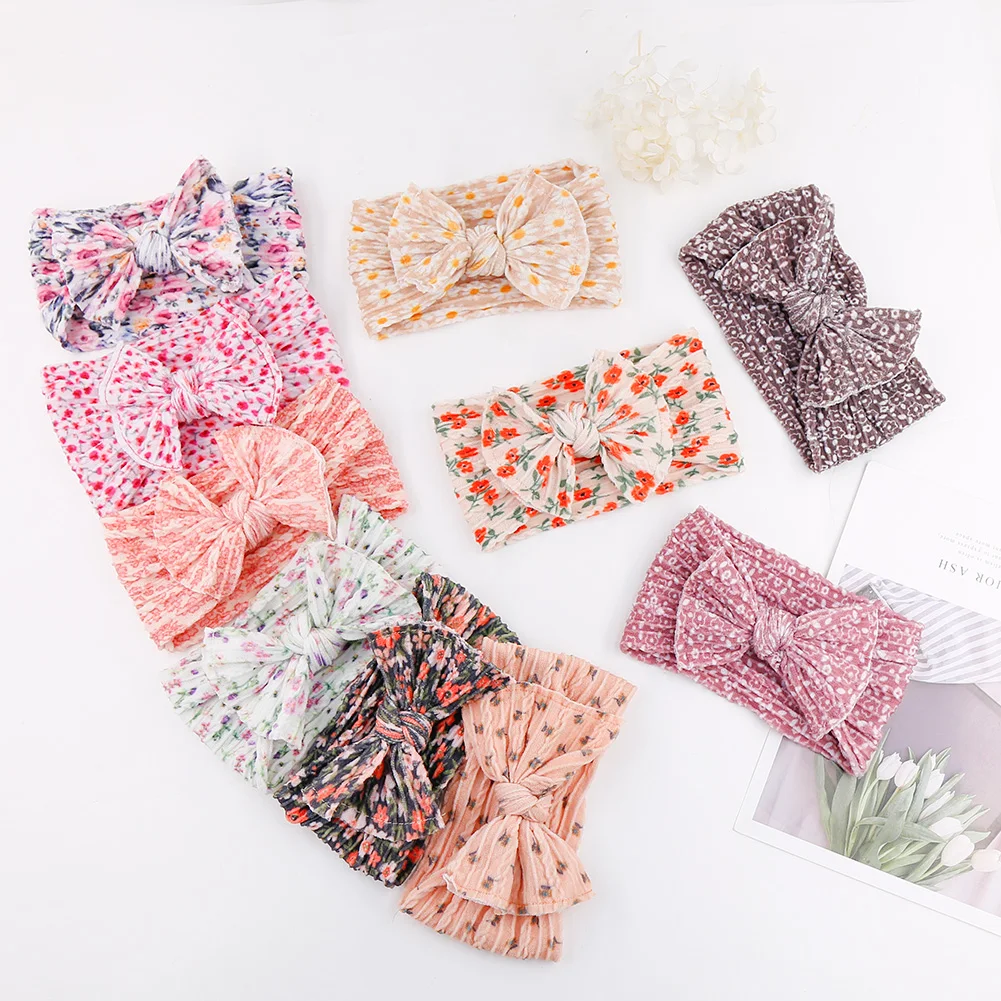 20pc/lot New Floral Prints Nylon Baby Headband Turban Newborn Ribbed Cable Knit Bow Nylon Headband for Kid Girls Nylon Head wrap