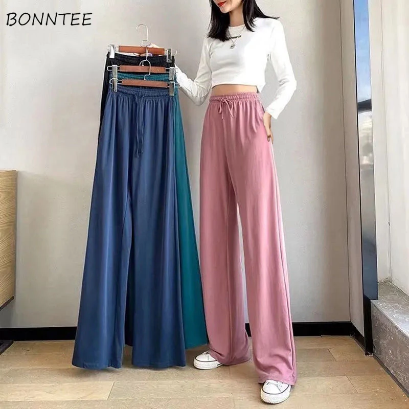 

Casual Pants Women Various Length Wide Leg New Youth Summer Thin Loose Baggy All-match 4 Colors Streetwear Solid Drawstring Ins
