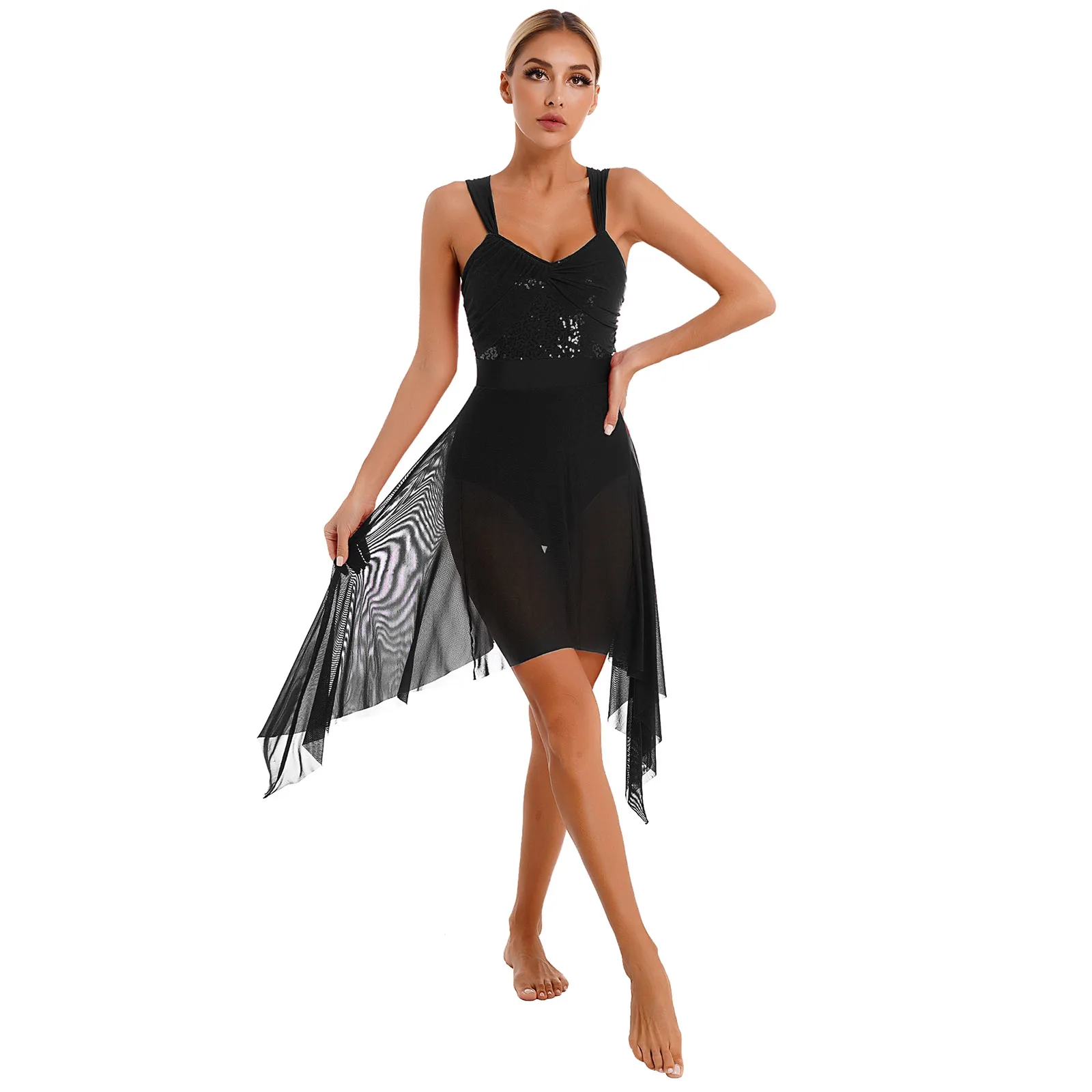

Sparkly Women's Sequins Contemporary Modern Dance Dress Mesh Irregular Hem Leotard Lyrical Dresses Stage Performance Costumes